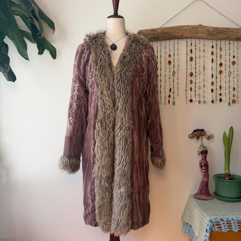 Joyfolie Purple Velvet Embroidered Penny Lane Faux Fur Trim Long Jacket NWT S